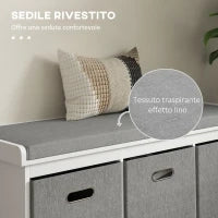 Panca Scarpiera in Legno con 3 Cassetti e Seduta in Tessuto per 3 Paia di Scarpe, 105x35x47 cm, Bianco