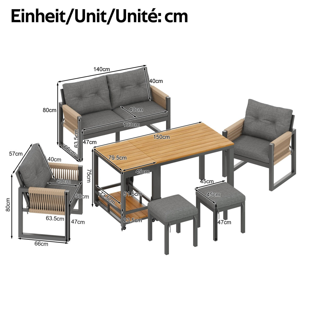 Set da giardino moderno con tavolo removibile; 2 posti; 2 poltrone e 2 pouf; grigio e naturale