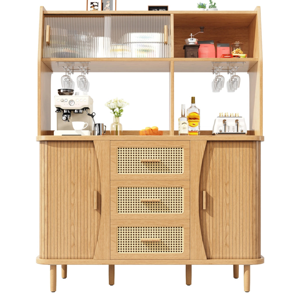 Credenza alta con ante scorrevoli in vetro e 3 cassetti