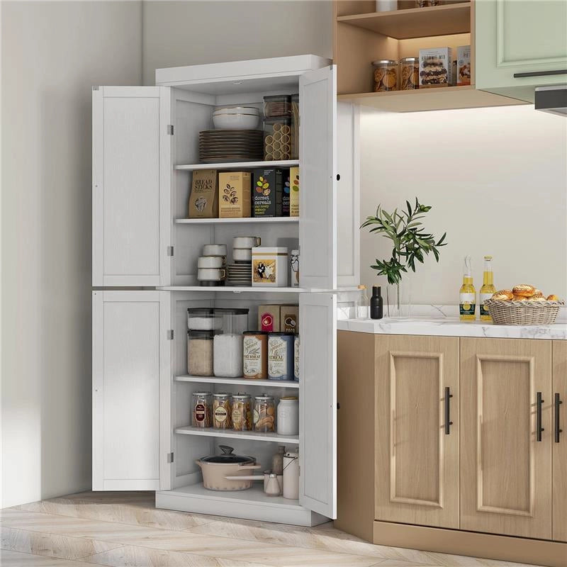 MOBILE CUCINA ALTO CON 6 RIPIANI REGOLABILI E 2 ANTE IN LEGNO, BIANCO 76X40.5X184 CM