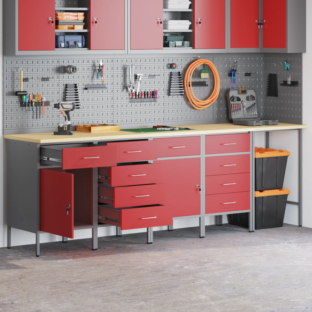 Set di Armadietti da Lavoro e Tavolo Angolare Rosso in Legno Ingenerizzato - 5 Pezzi