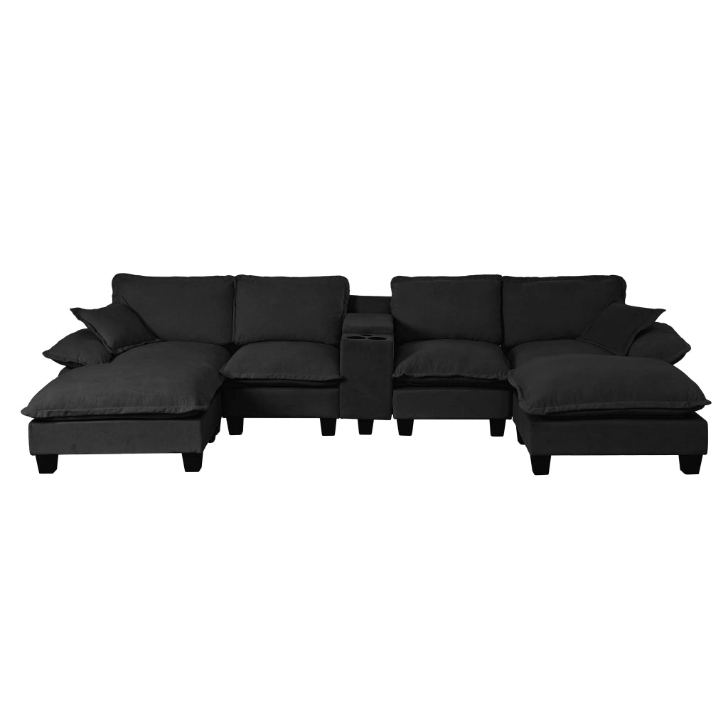 Divano panoramico a U modulare con contenitore; USB e portabicchieri in chenille - nero 362×151×90 cm