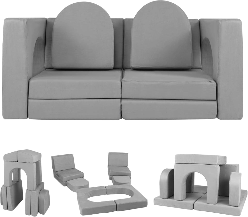 Divano Giocattolo per Bambini a 8 Pezzi, Divano Modulare per Bambini in Schiuma con Tessuto Suede, Poltrone per Bambini per Stanze da Gioco, Camere da Letto, Soggiorno (Grigio)