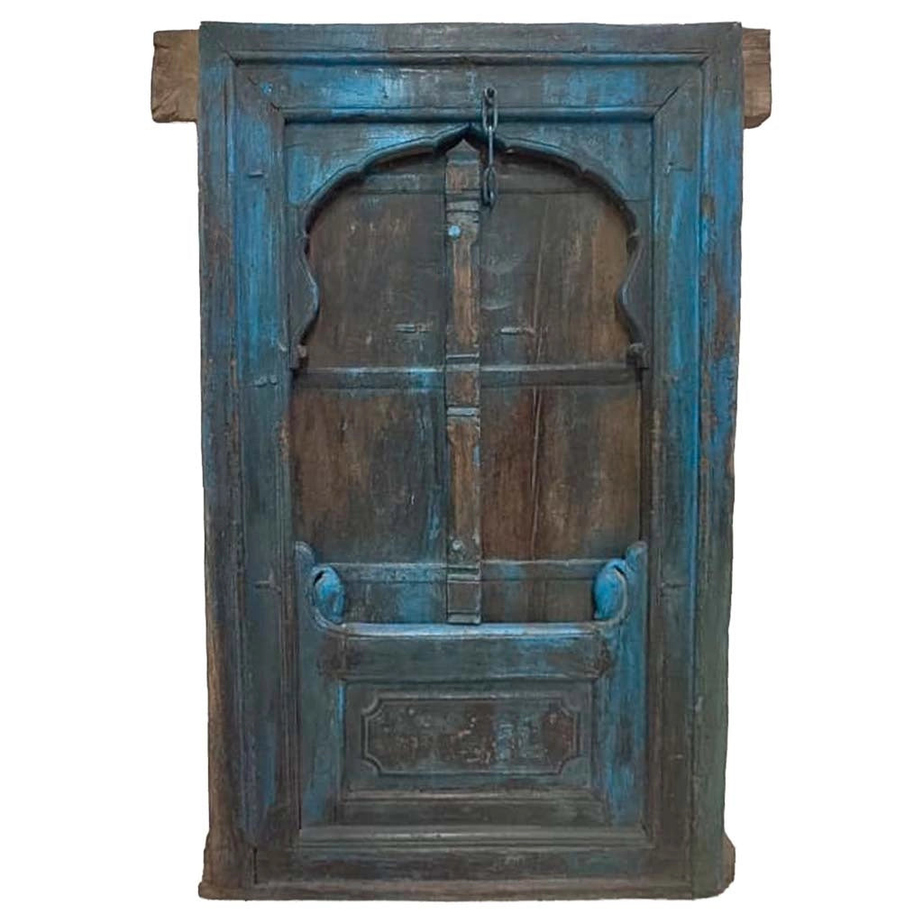 Finestra in legno con finitura artigianale blu, 104x112x155h cm