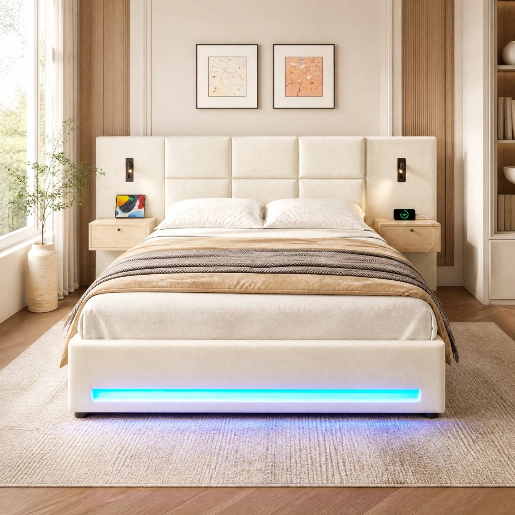 Letto matrimoniale 180x200 cm in velluto beige con LED e USB-C