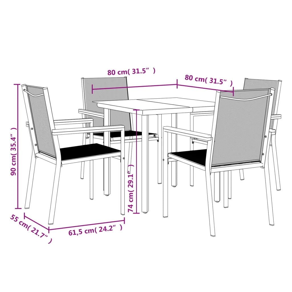 Set da Pranzo da Giardino 5 pz | Set Salotto da Giardino Nero in Textilene e Acciaio