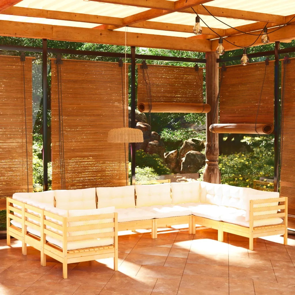 Set Salotto da Giardino 9 pz con Cuscini Crema in Legno di Pino 3097319