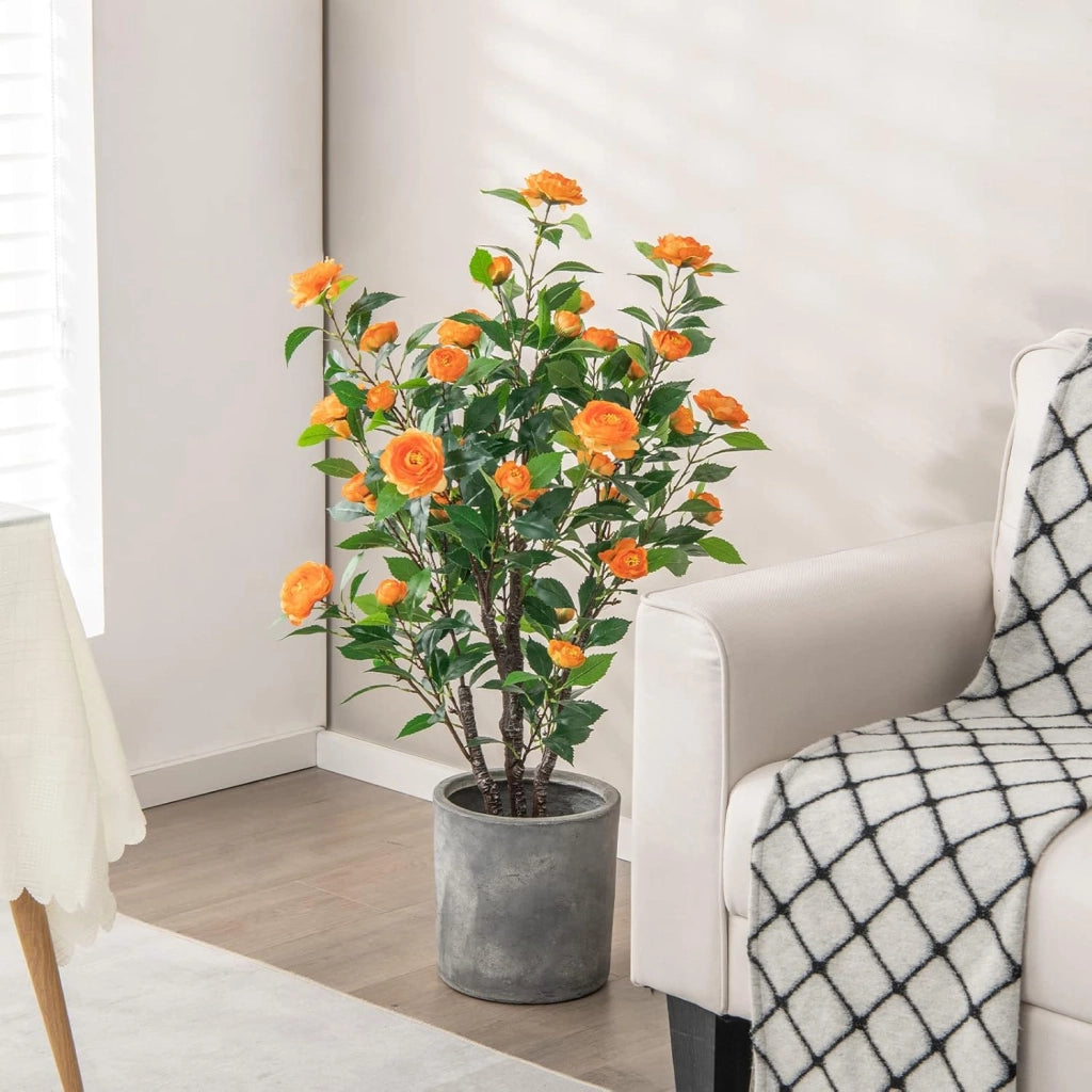 Albero Artificiale con 37 Camelie da 102 cm, Pianta Floreale Artificiale in Vaso di Cemento, Decorazione Interna ed Esterna, Pianta Falsa per Ufficio, Casa, Veranda
