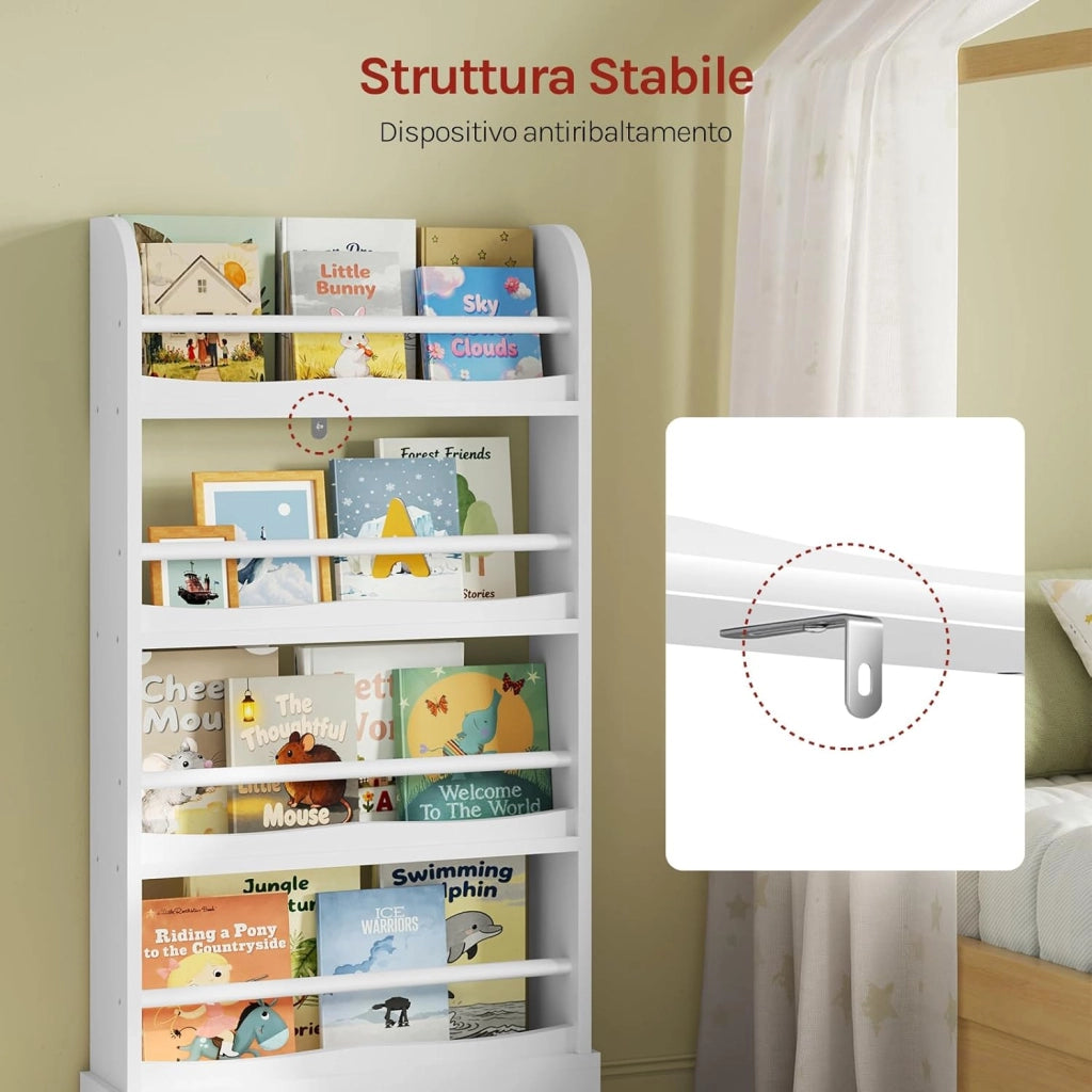 Libreria Montessoriana per Bambini, Scaffale Porta Libri Salvaspazio a 4 Ripiani, Piccola Libreria a Muro in Legno, per Cameretta, Stanza dei Giochi, 60x12x108cm