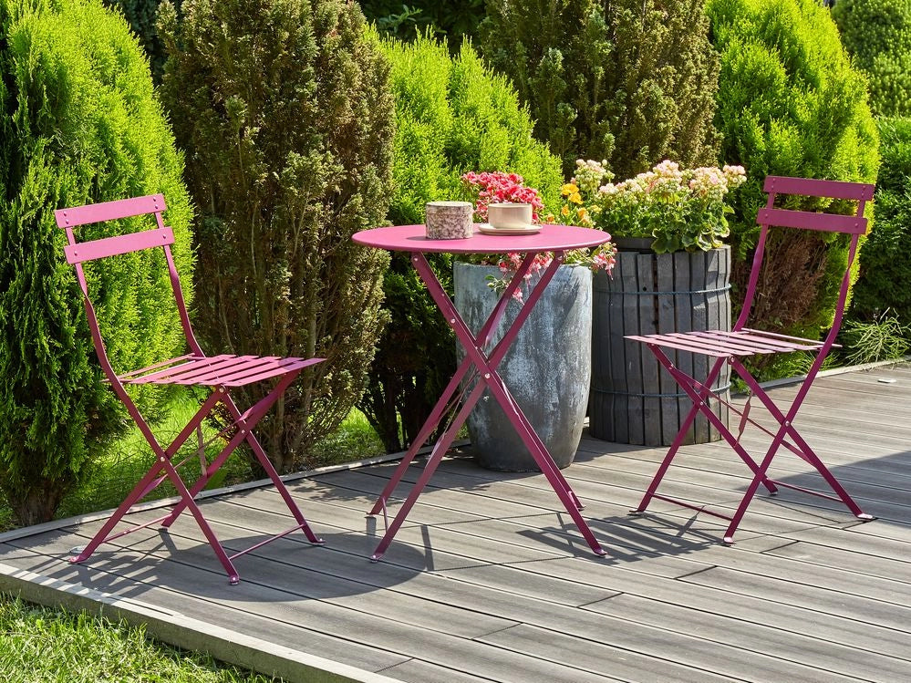Set da Esterno 3 pezzi Tavolino e 2 Sedile Pieghevoli in Metallo Bordeaux
