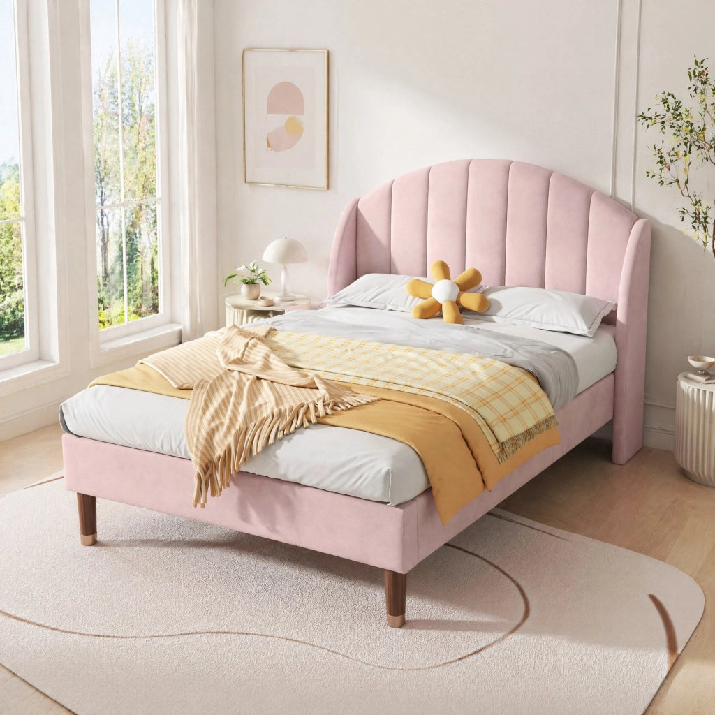 Letto singolo imbottito rosa 90x200 cm in velluto con rete