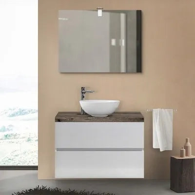 Mobile bagno sospeso 100 Town bianco top rovere fossile per lavabo d'appoggio