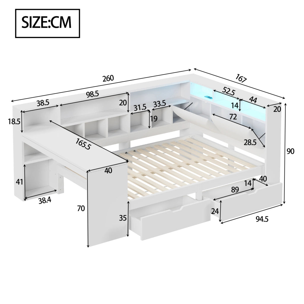 Letto a piattaforma a L 140x200 cm con scrivania e LED