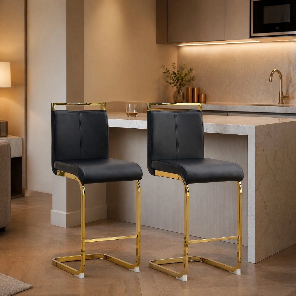 Sgabello da bar set di 2 con poggiapiedi in metallo, in pelle PU, nero e oro