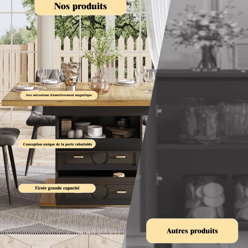 Tavolo allungabile con 2 cassetti e vano con chiusura magnetica in MDF e metallo per cucina e soggiorno naturale