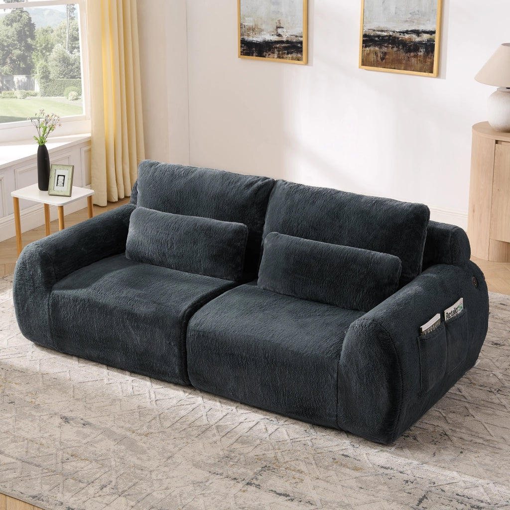 Divano a due posti compatto in tessuto effetto peluche con imbottitura elastica, USB e tasca laterale, grigio