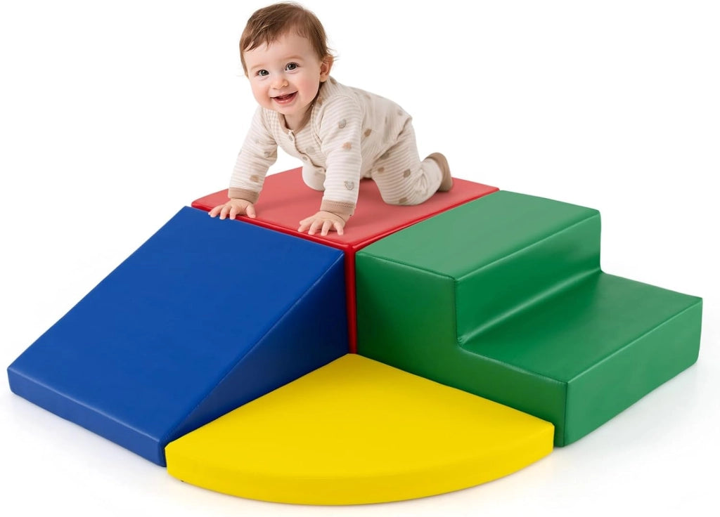 Set di Blocchi in Schiuma per Bambini 4 Pezzi, Set di Costruzioni Morbide in PU + EPE per Sviluppo dei Bambini, Gioco Attivo Interno per Arrampicarsi e Gattonare (Colorato)