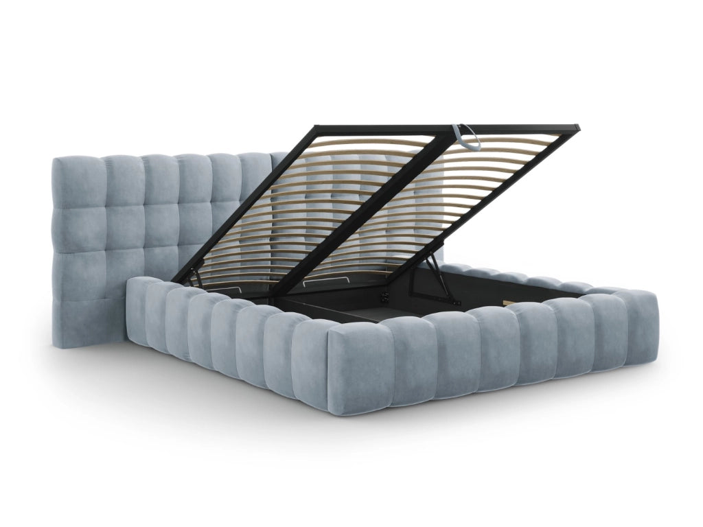 Cosmopolitan Design - Letto a cassettone con testiera doppia "Bali" 140x200cm in velluto azzurro 
