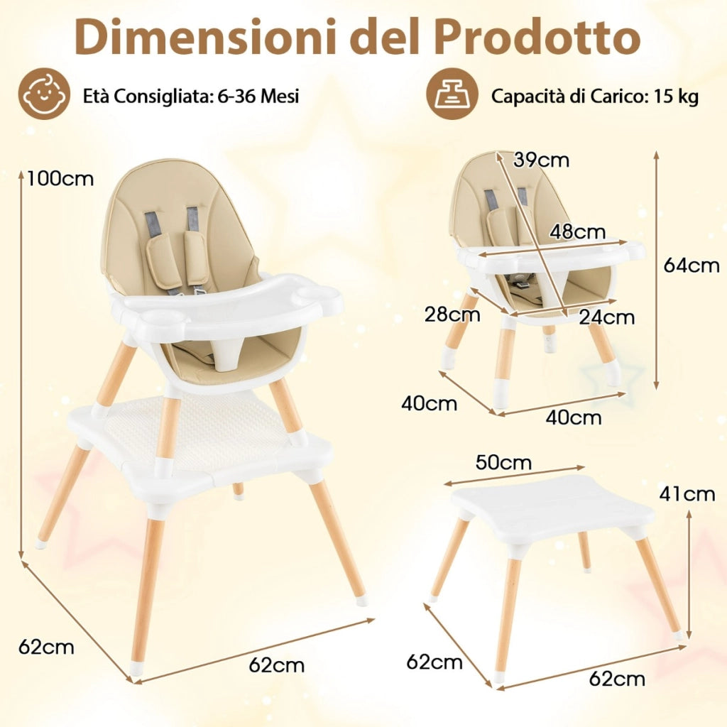Set tavolo sedia 6-in-1 convertibile con vassoio rimovibile, Sedia in legno per pranzo e studio per bambini Beige-Seggioloni