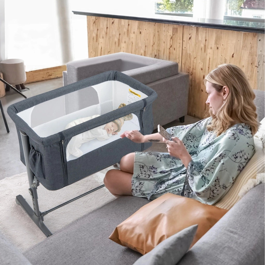 Culla per bambini 3 in 1 con 5 livelli di altezza regolabili borsa da viaggio, Traversina bambini Grigio scuro-Culle