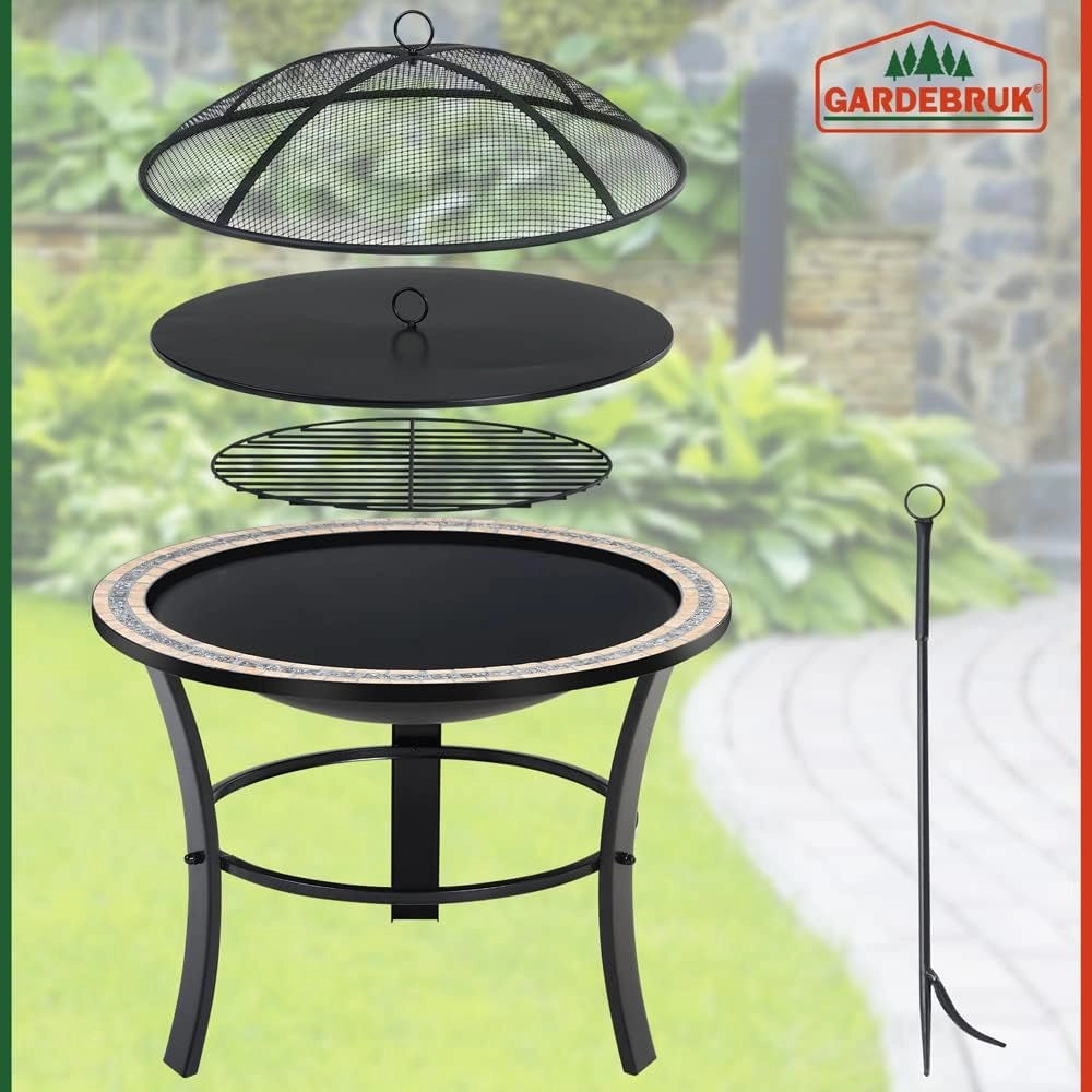 ® Braciere Rotondo Fuego da Esterno Mosaico 76x76cm Parascintille Camino da Giardino Stufa Caminetto Patio