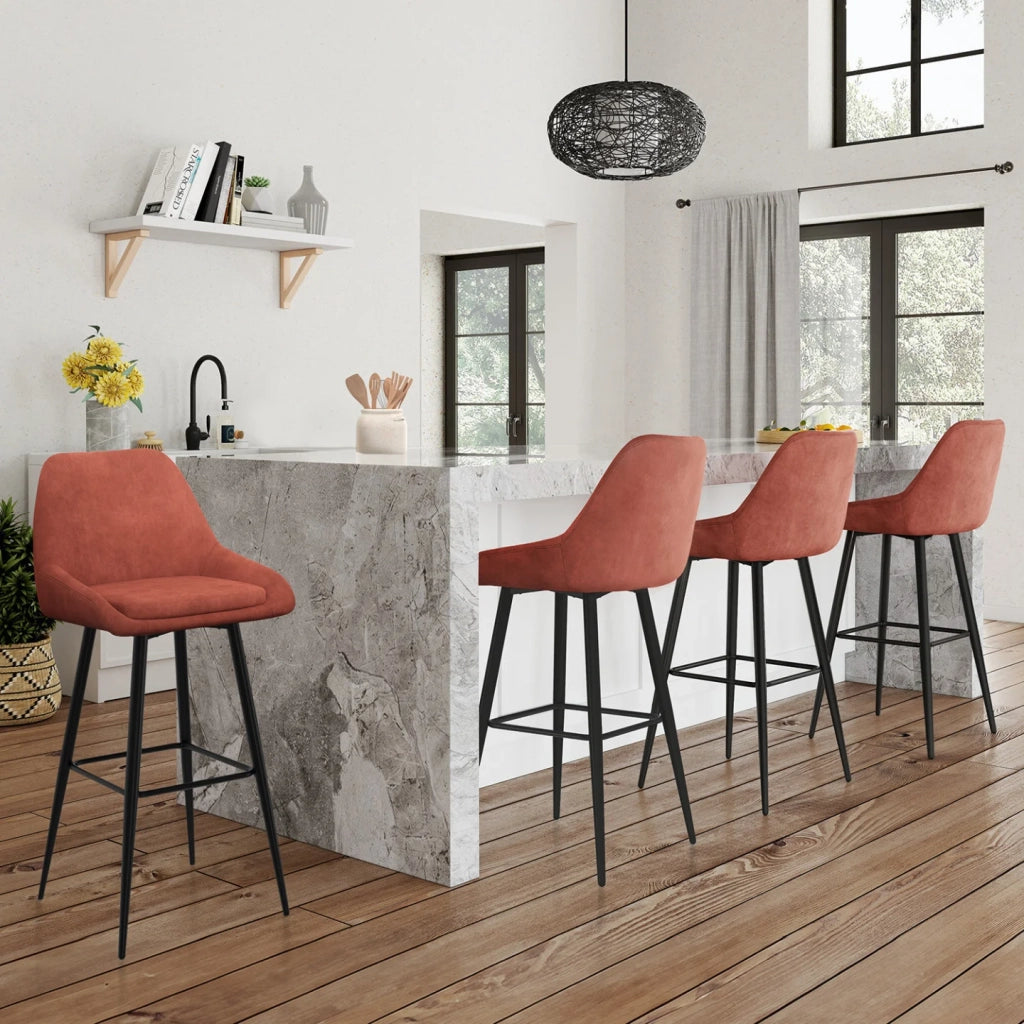 IDMarket - Set di 4 sgabelli da bar THALYA in velluto terracotta con mezzi braccioli