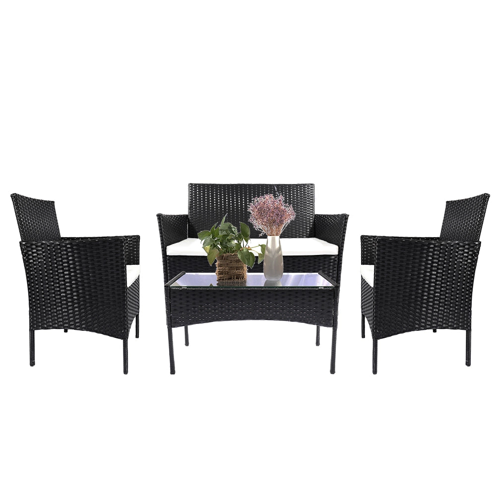 Set di mobili da giardino in polyrattan, nero, 7 pezzi, con cuscino e tavolo, per esterni, giardino, terrazza