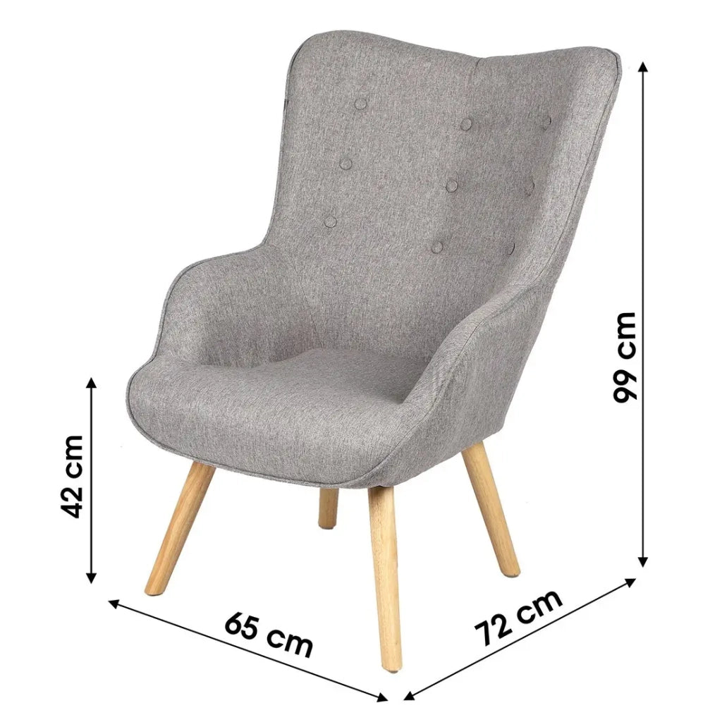 Poltrona da salotto in tessuto grigio chiaro con piedi in legno collezione ENJOY. Stile scandinavo.