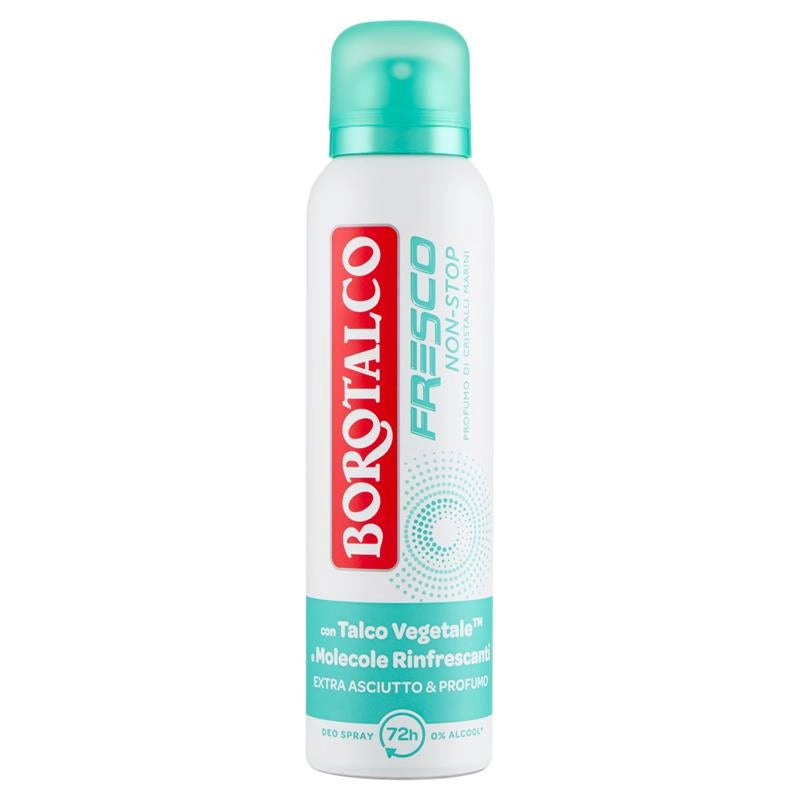 BOROTALCO DEODORANTE SPRAY FRESCO NO STOP PROFUMO DI CRISTALLI MARINI CON TALCO VEGETALE E MOLECOLE RINFRESCANTI 150 ML