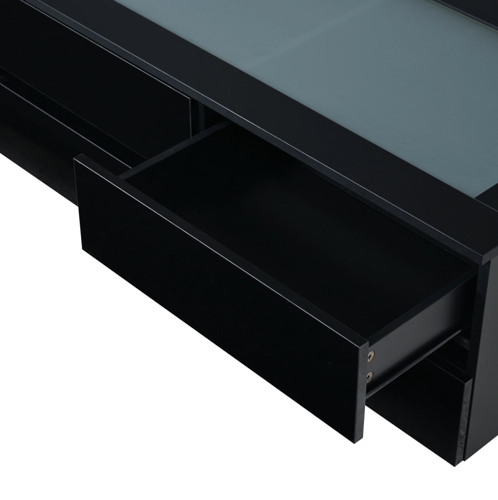 Tavolino da salotto nero 100x50x40 cm con 4 cassetti; LED; piano in vetro temperato