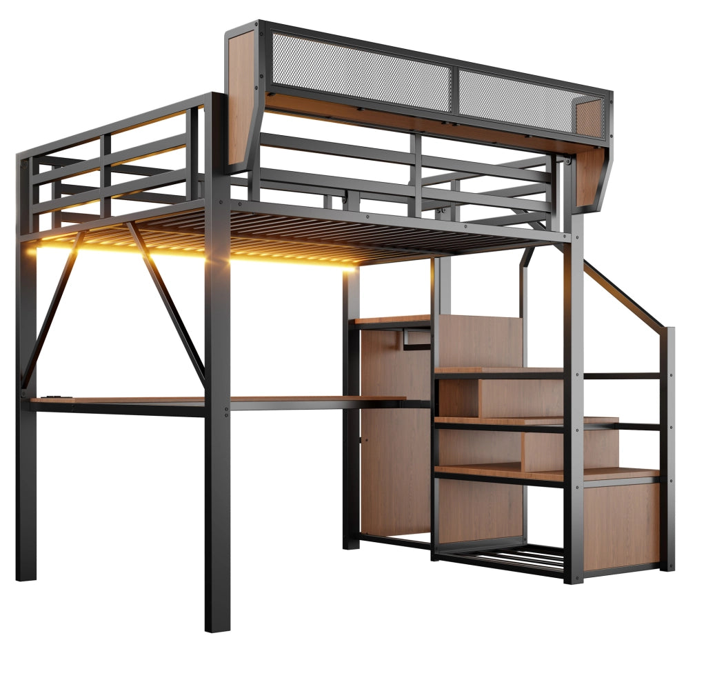 Letto a soppalco 140x200 cm con scrivania, LED e ripiani in metallo e MDF nero