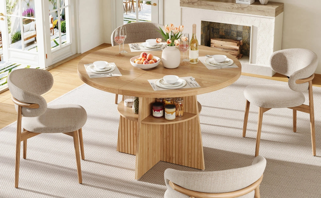 Tavolo da pranzo rotondo allungabile con piano estensibile e ripiano interno per cucina e sala da pranzo in MDF naturale
