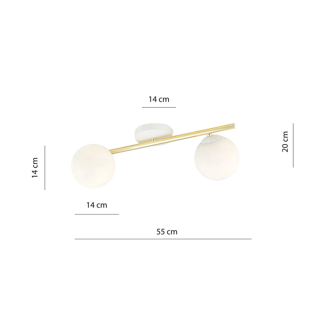 Plafoniera Contemporanea 2 Luci Eracle In Acciaio Oro E Sfere Vetro Bianco