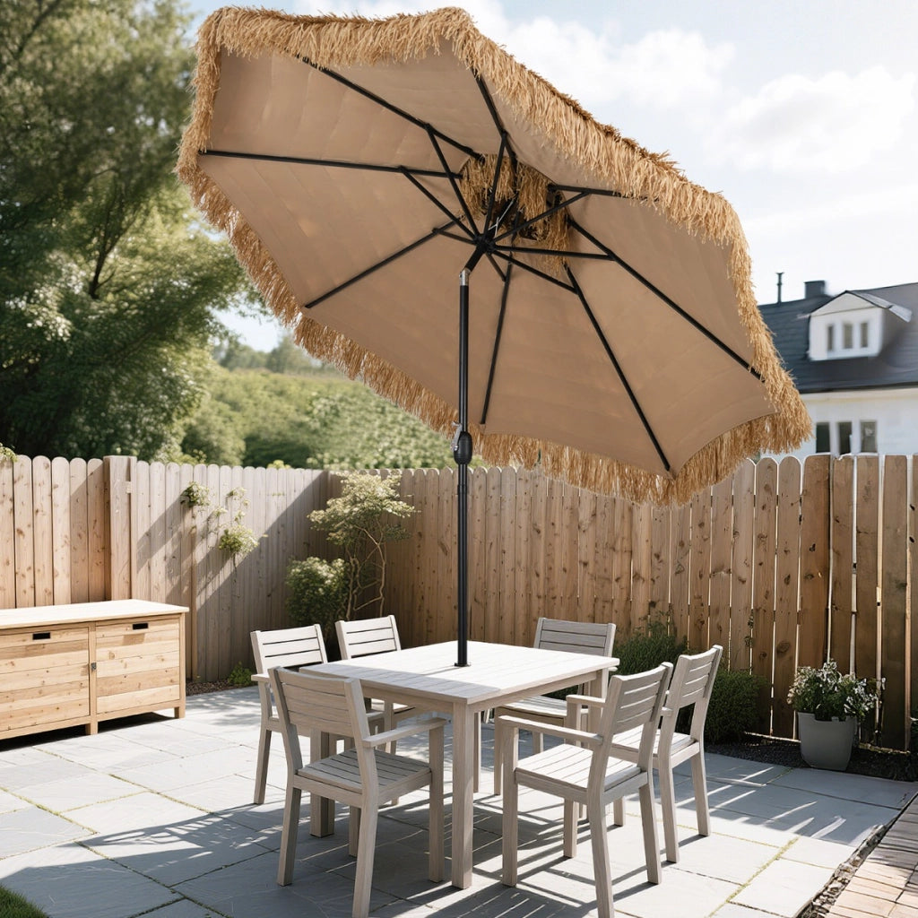 Ombrellone da spiaggia con manovella facile da tavolo da patio a doppio livello, Ombrellone tiki di paglia 299 cm Naturale