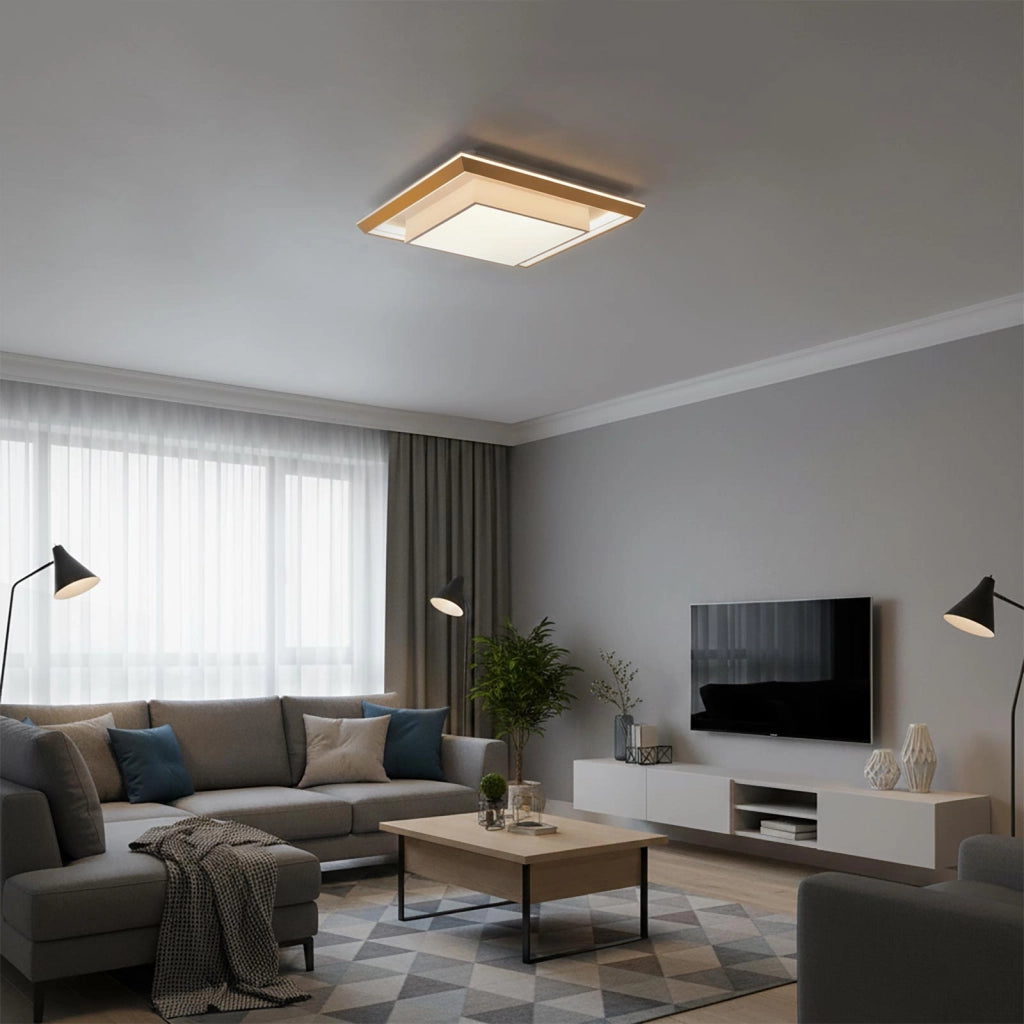 Plafoniera Geometrica LED 48W CCT Bluetooth Dimmerabile Quadrata Cornice Dorata Luce Salotto Ufficio Cucina Telecomando