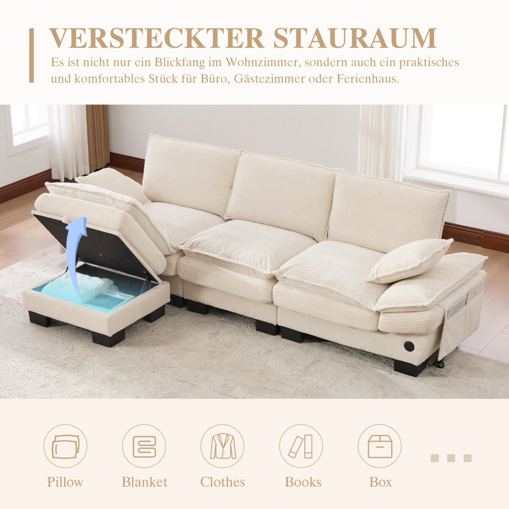 Divano modulare a 3 posti in velluto a coste con pouf seduta ergonomica USB-C e tasche laterali beige