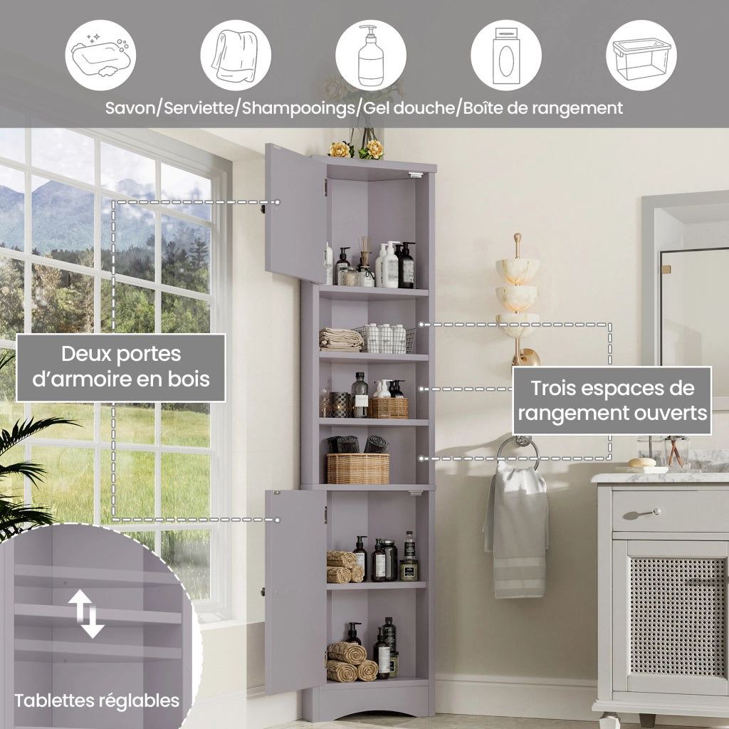 Armadietto da bagno angolare con 2 ante e 3 vani aperti, ripiani regolabili, in MDF, grigio, per bagno
