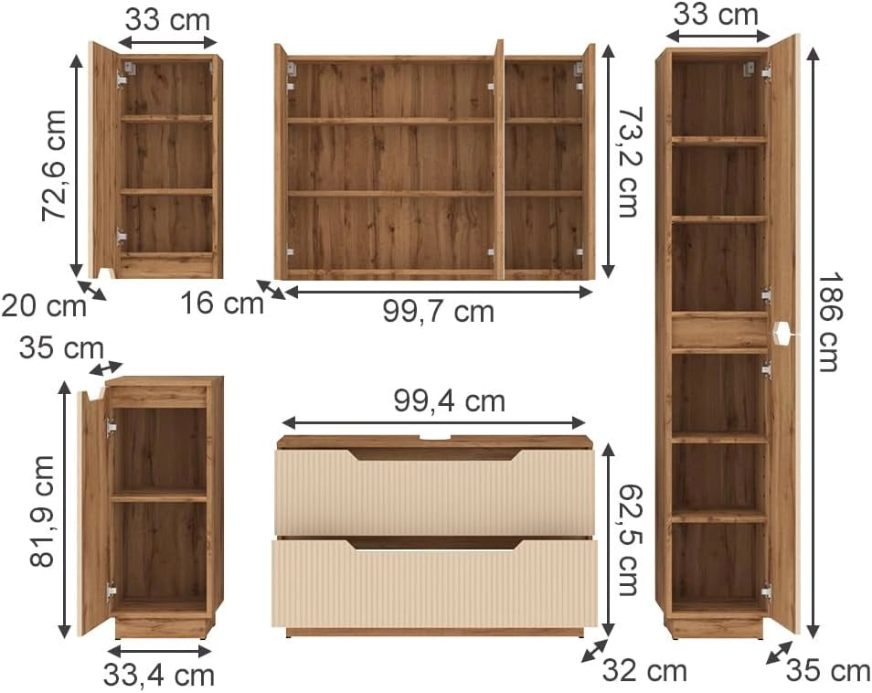 Set di mobili da bagno Lotta, Rovere/cashmere a righe, 5 parti