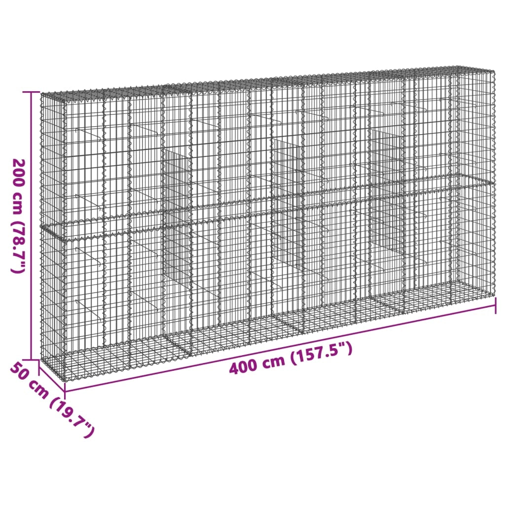 Gabbione recinto a gabbia muro di contenimento con coperchio 400 x 50 x 200 cm ferro zincato argento 02_0040165