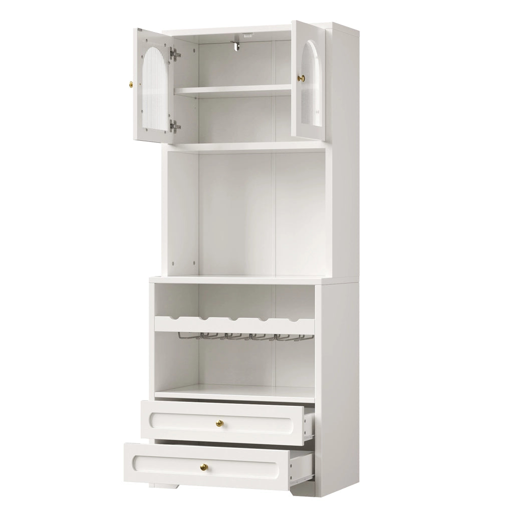 Hochschrank bianco con ante in vetro curve, LED smart, portabottiglie e USB 70x40x180 cm