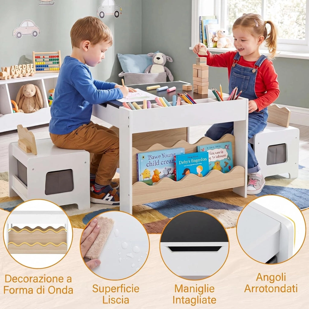 4 in 1 Set Tavolo e 2 Sedie per Bambini 3+ Anni (Naturale e Bianco) | Tavolo e Sedie con Lavagna Rimovibile, Sedia con Cassetto in Tessuto, Mobile in Legno Versatile per Cameretta e Soggiorno