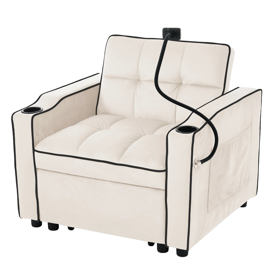Poltrona Letto 3 in 1 con Schienale Regolabile; 2 Portabicchieri e Supporto per Telefono; Schiuma Beige; 83 × 167 × 76 cm