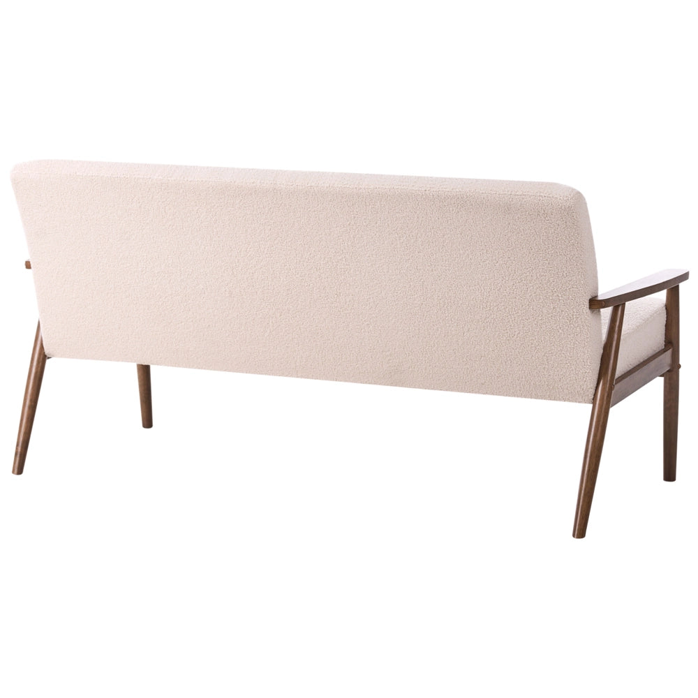Divano da salotto a 3 posti in bouclé e struttura in legno beige e marrone scuro struttura in legno stile retrò