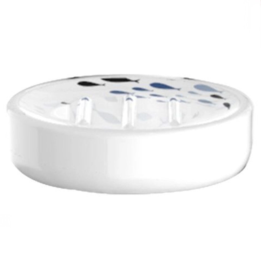 Trade Shop - Porta Sapone Saponetta Bianco Pesciolini Accessorio Per Bagno In Ceramica 69877 -