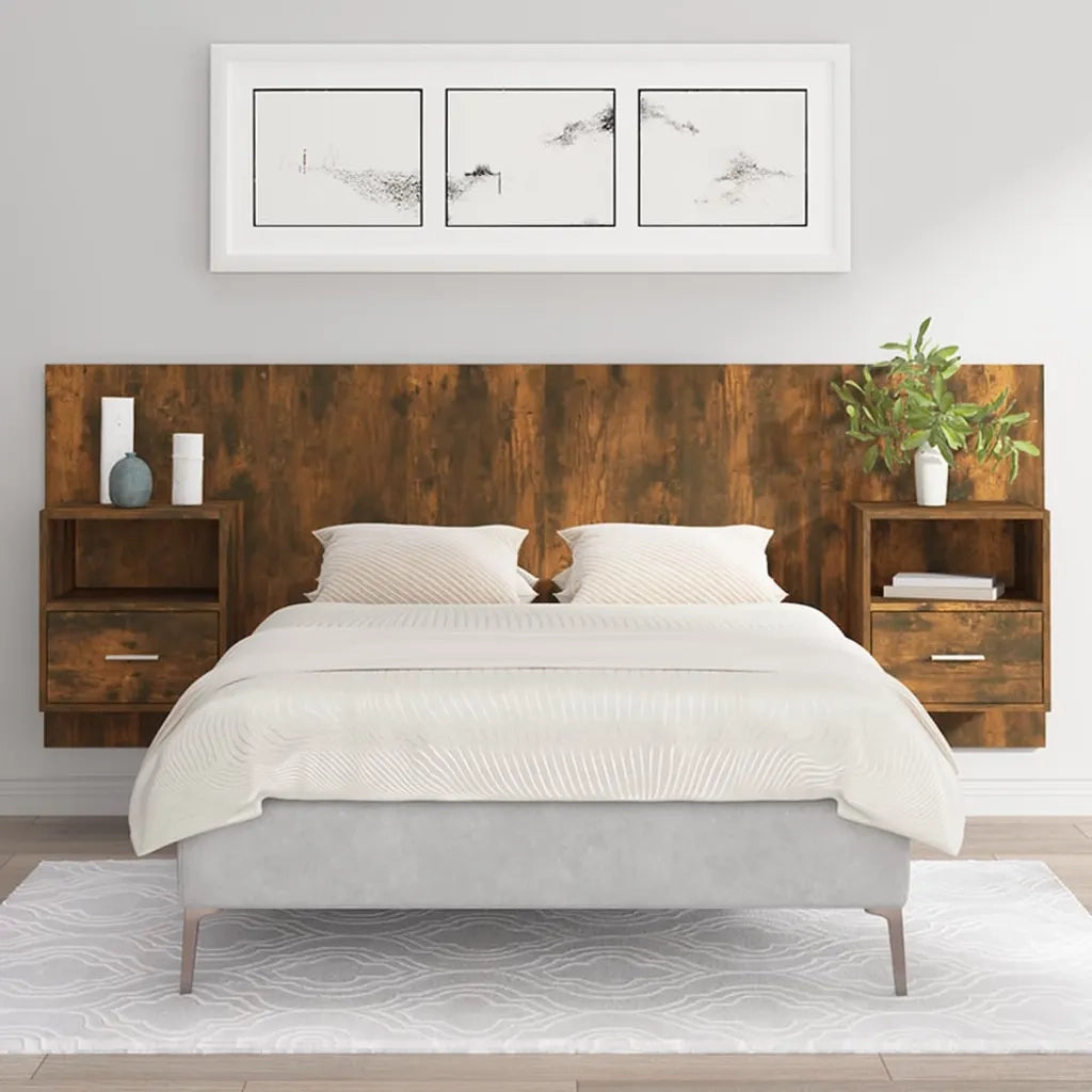 Testiera Letto con Comodini-Testiera con Contenitore Rovere Fumo in Legno Multistrato 427946