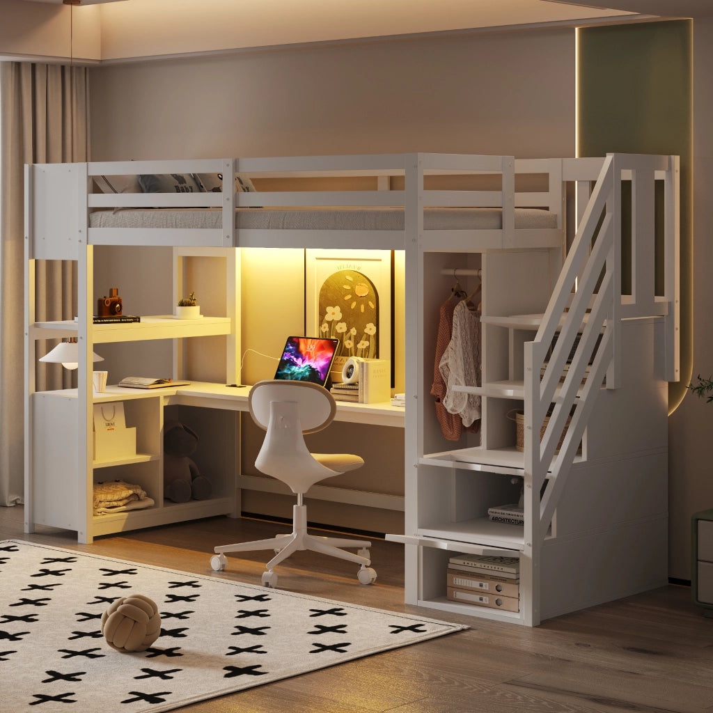 LETTO A CASTELLO MULTIFUNZIONE 90 x 200 cm Bianco con scrivania e armadio