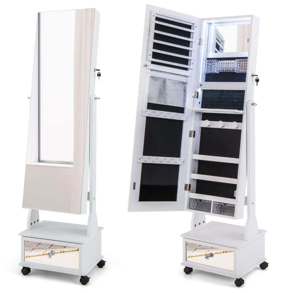 Mobile portagioielli indipendente 42 x 35 x 159 cm spazio di archiviazione ottimizzato con luce LED e specchio a figura intera MDF bianco 20_0010371