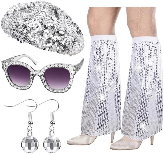 Accessori da discoteca 70s - Cappello di paglietta - Occhiali da discoteca - Balze da discoteca - Calze da calore per le gambe - Ideali per feste di costume - Abbigliamento da costume