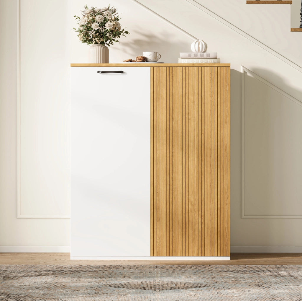 Mobile contenitore con ante e frontale a doghe; 80 x 40 x 110 cm; MDF bianco e rovere
