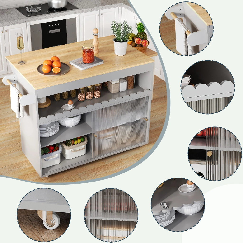 Carrello isola cucina pieghevole 122x46(69)x91 cm, piano effetto quercia, ante in vetro temperato, ripiani regolabili, portasciugamani
